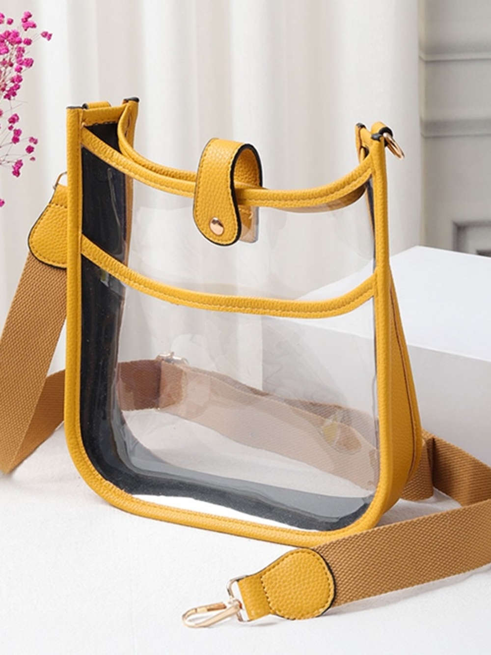 Yellow Trim Transparent Clear Cross Body Bag Purse Casual Womens Accessory